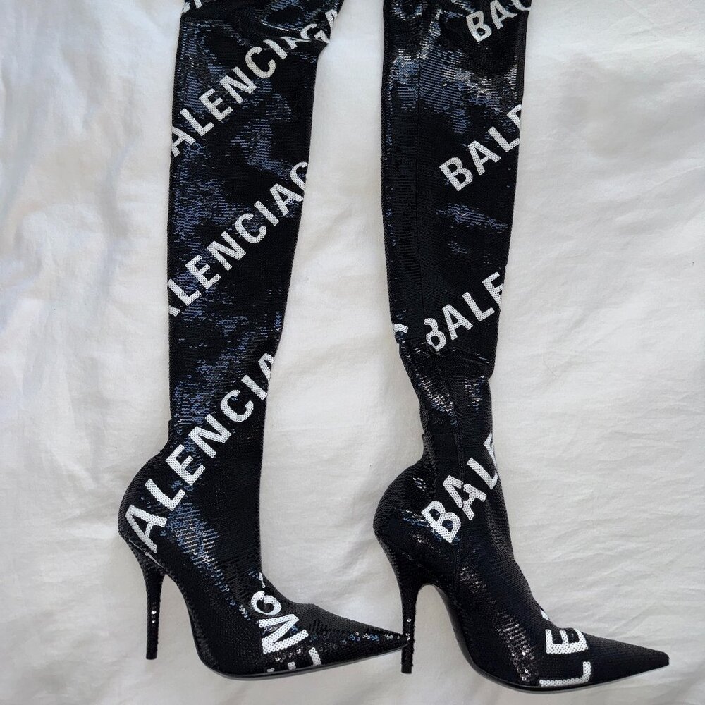 Balenciaga Knife Thigh High Boots Logo Sequin Black White 37